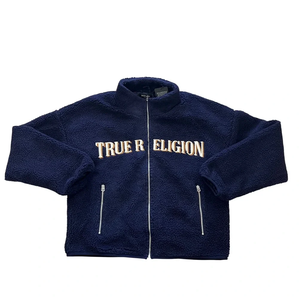 True Religion Mens TR Logo‎ Sherpa Jacket Eclipse Navy Blue Fleece 110299 Size L